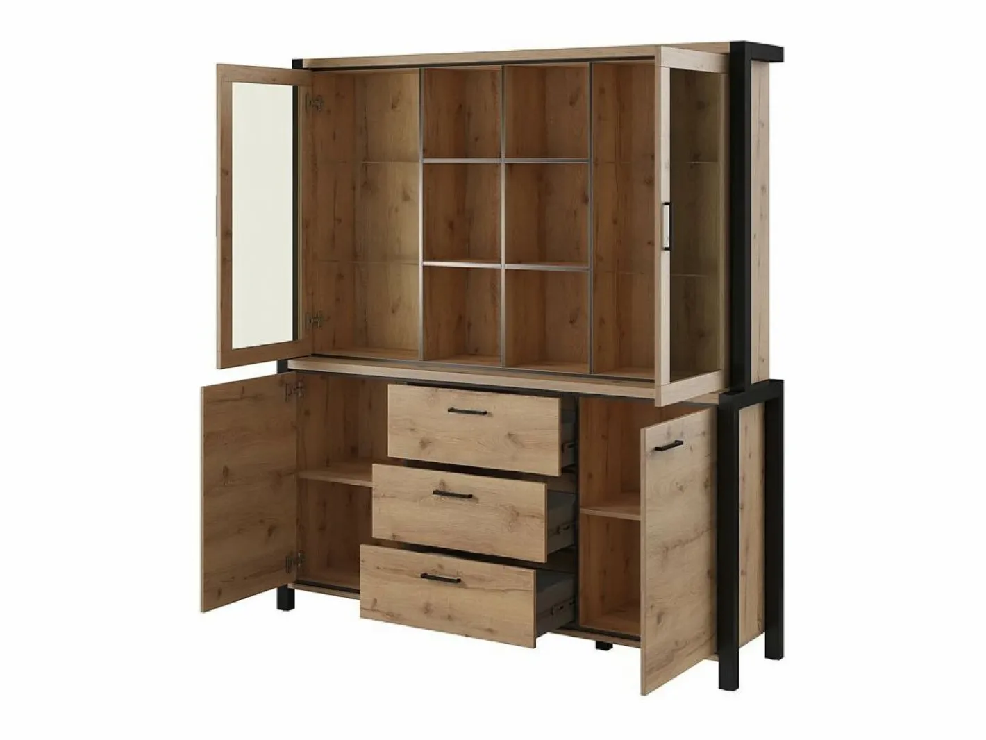 Meublorama Conjunto de bufé y alacena con iluminación LED colección TIVORA. Mueble de 4 puertas, 3 cajones. Color roble y negro. Marru00f3n Online