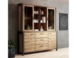 Meublorama Conjunto de bufé y alacena con iluminación LED colección TIVORA. Mueble de 4 puertas, 3 cajones. Color roble y negro. Marru00f3n Online