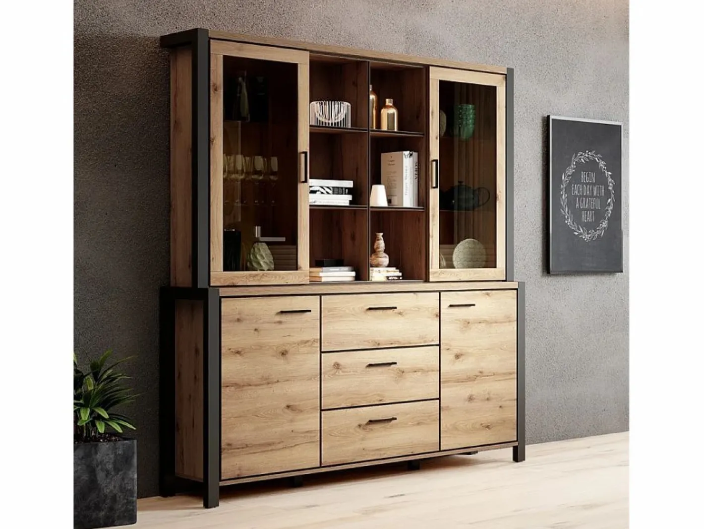 Meublorama Conjunto de bufé y alacena con iluminación LED colección TIVORA. Mueble de 4 puertas, 3 cajones. Color roble y negro. Marru00f3n Online