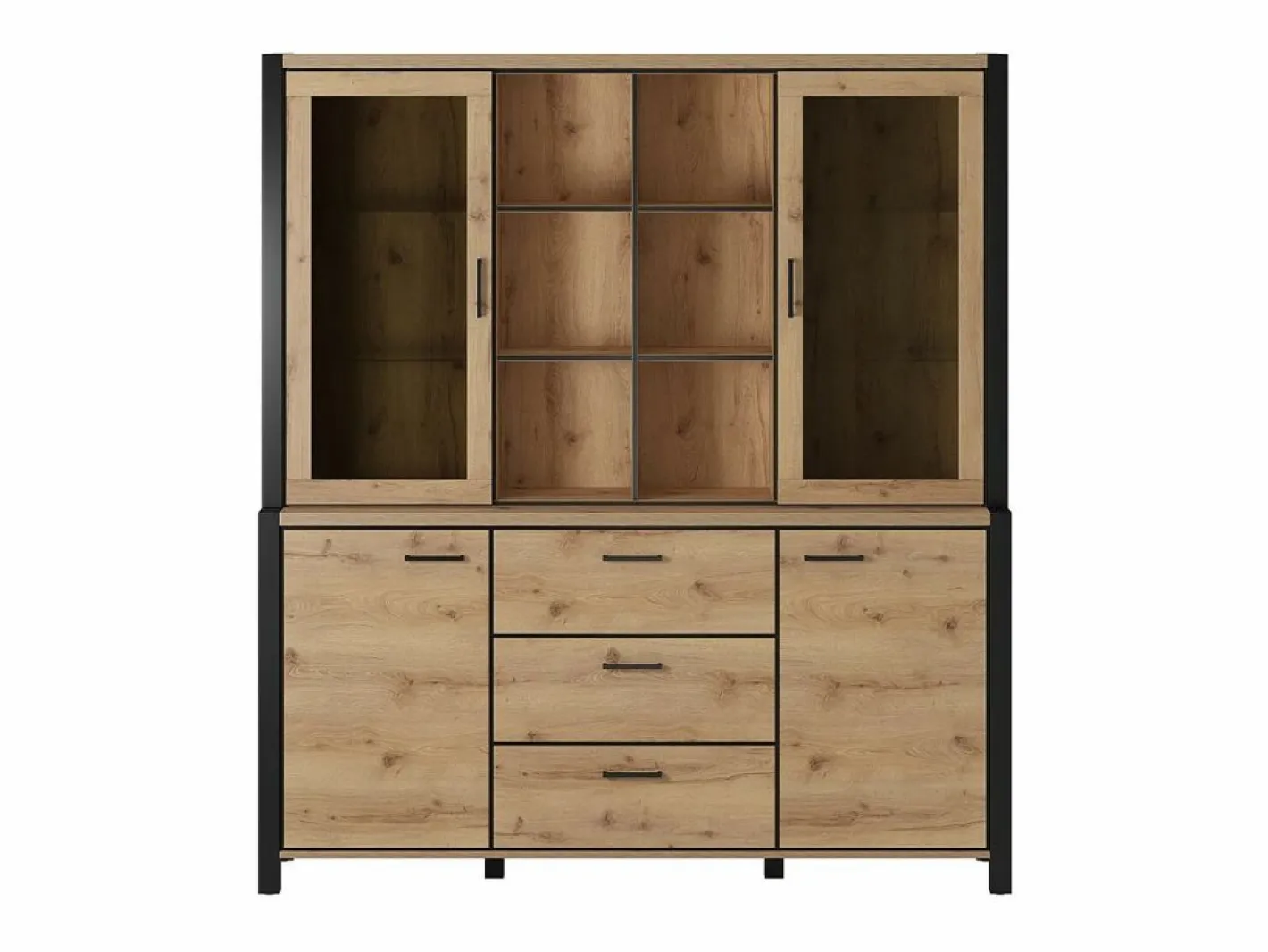 Meublorama Conjunto de bufé y alacena con iluminación LED colección TIVORA. Mueble de 4 puertas, 3 cajones. Color roble y negro. Marru00f3n Online