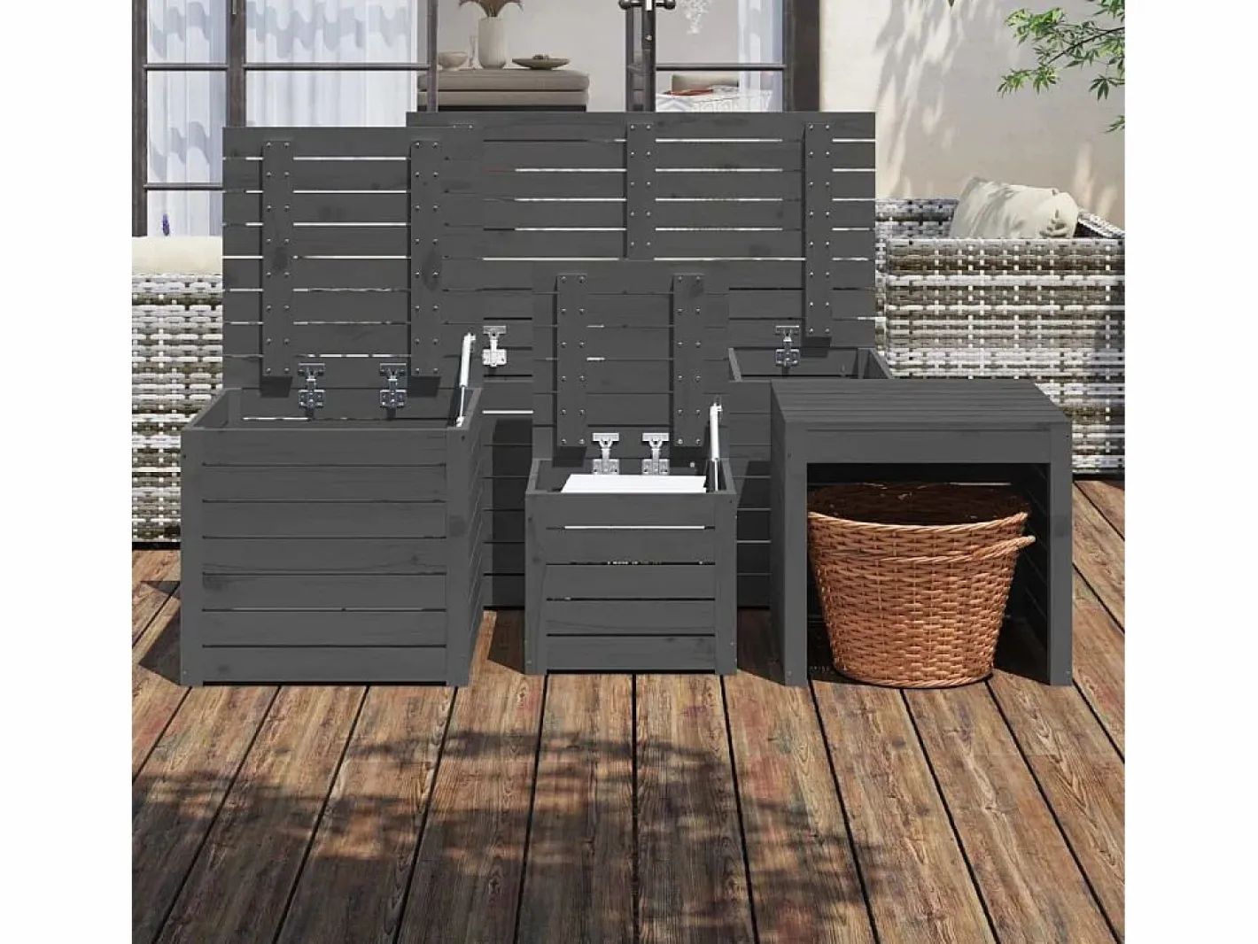 Conjunto de caja de jardín 4 piezas de madera maciza de pino Gris