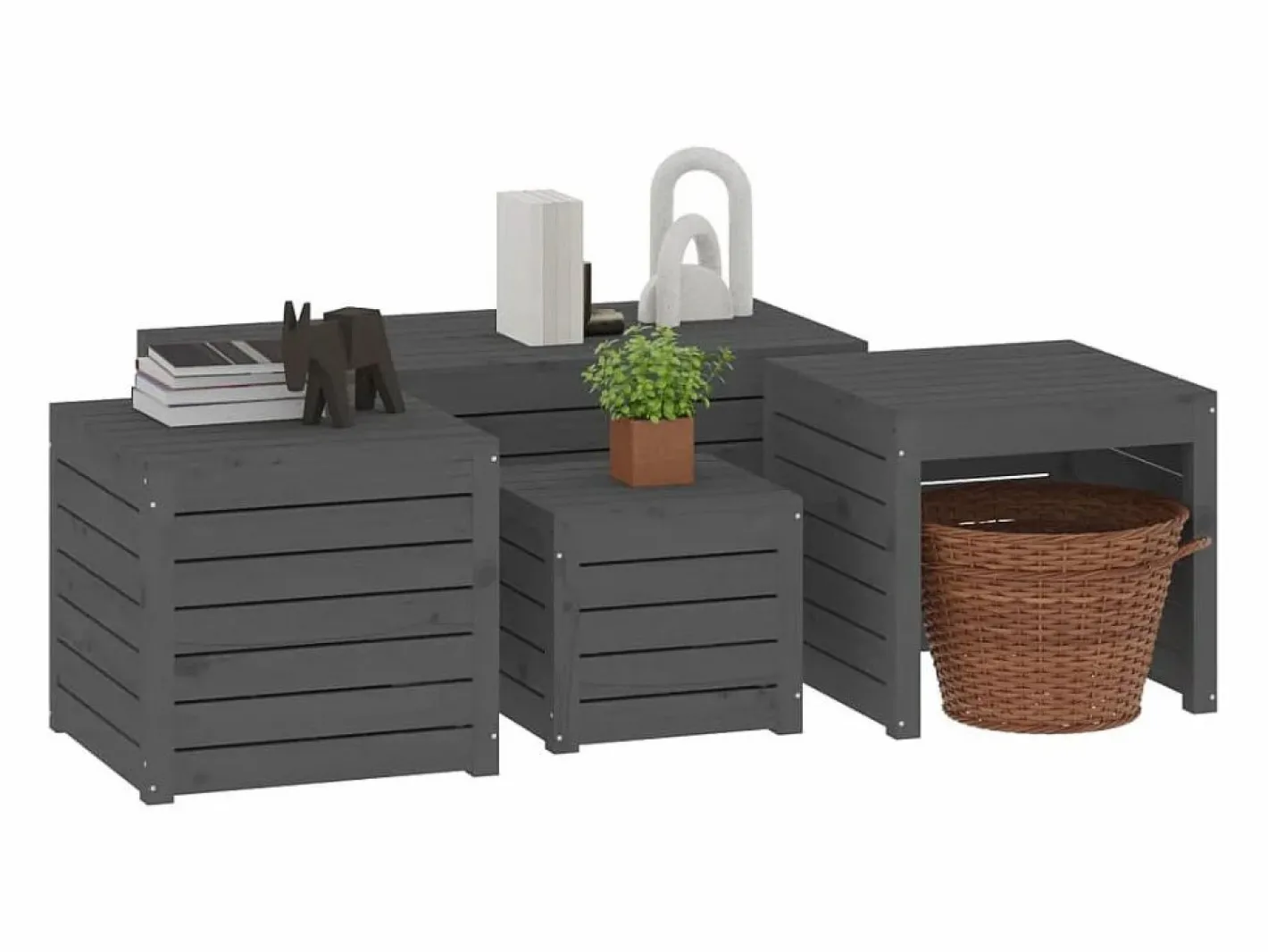 Conjunto de caja de jardín 4 piezas de madera maciza de pino Gris