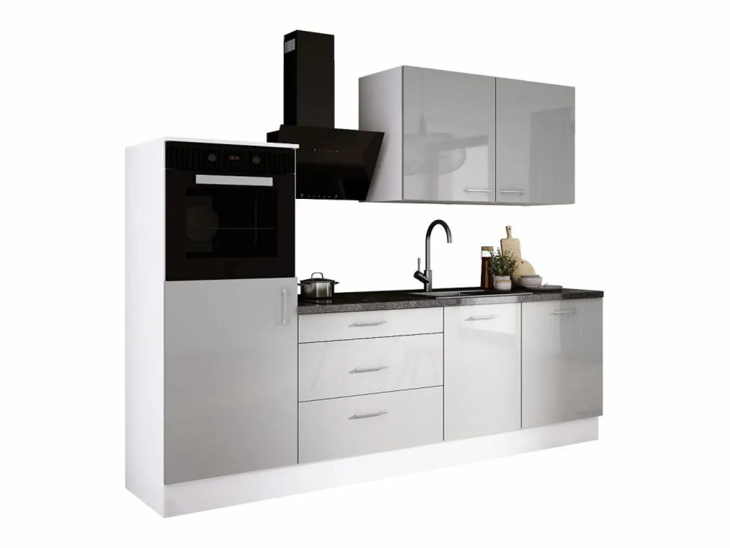 Cocina Completa|Conjunto de cocina: Blanco Mate, Hielo, dimensiones: ancho: 250 cm, alto: 220 cm, fondo: 60 cm