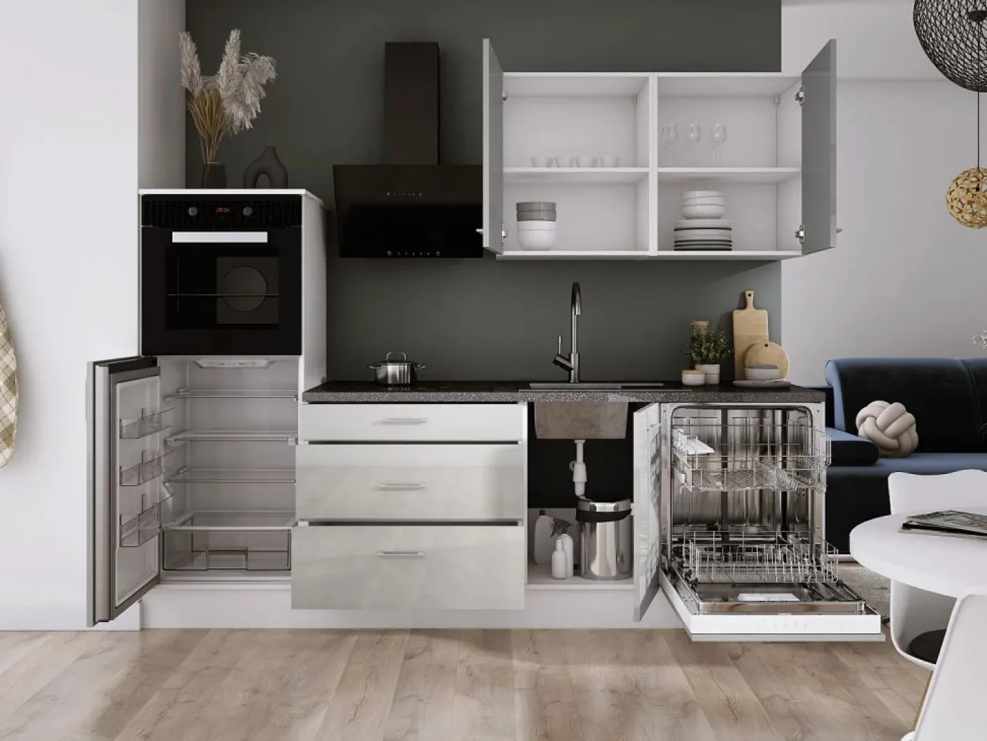 Cocina Completa|Conjunto de cocina: Blanco Mate, Hielo, dimensiones: ancho: 250 cm, alto: 220 cm, fondo: 60 cm