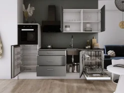 Cocina Completa|Conjunto de cocina: Blanco Mate, Gris Mate, dimensiones: largo: 250 cm, alto: 220 cm, fondo: 60 cm