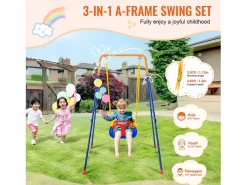 Conjunto de Columpios 3 en 1 para Niños SucceBuy, Soporte Metálico Plegable, 4 Sacos de Arena para Patio, Carga 54,43 kg Multicolor