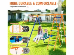 Conjunto de columpios 6 en 1 SucceBuy 200 kg Metal 2 columpios Escalera Red Baloncesto para el jardín Diseño estable Asiento UV Manijas seguras Outlet