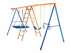 Conjunto de columpios 6 en 1 SucceBuy 200 kg Metal 2 columpios Escalera Red Baloncesto para el jardín Diseño estable Asiento UV Manijas seguras Outlet