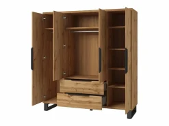 Conjunto de dormitorio industrial MILOS: Armario, cama con almacenaje 160x200, cómoda, mesitas de noche, roble crudo/negro^Meublorama Hot
