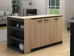 Vente-unique Isla Cocina|Conjunto de isla de cocina + 2 taburetes - Negro y Natural Claro - NUSICE