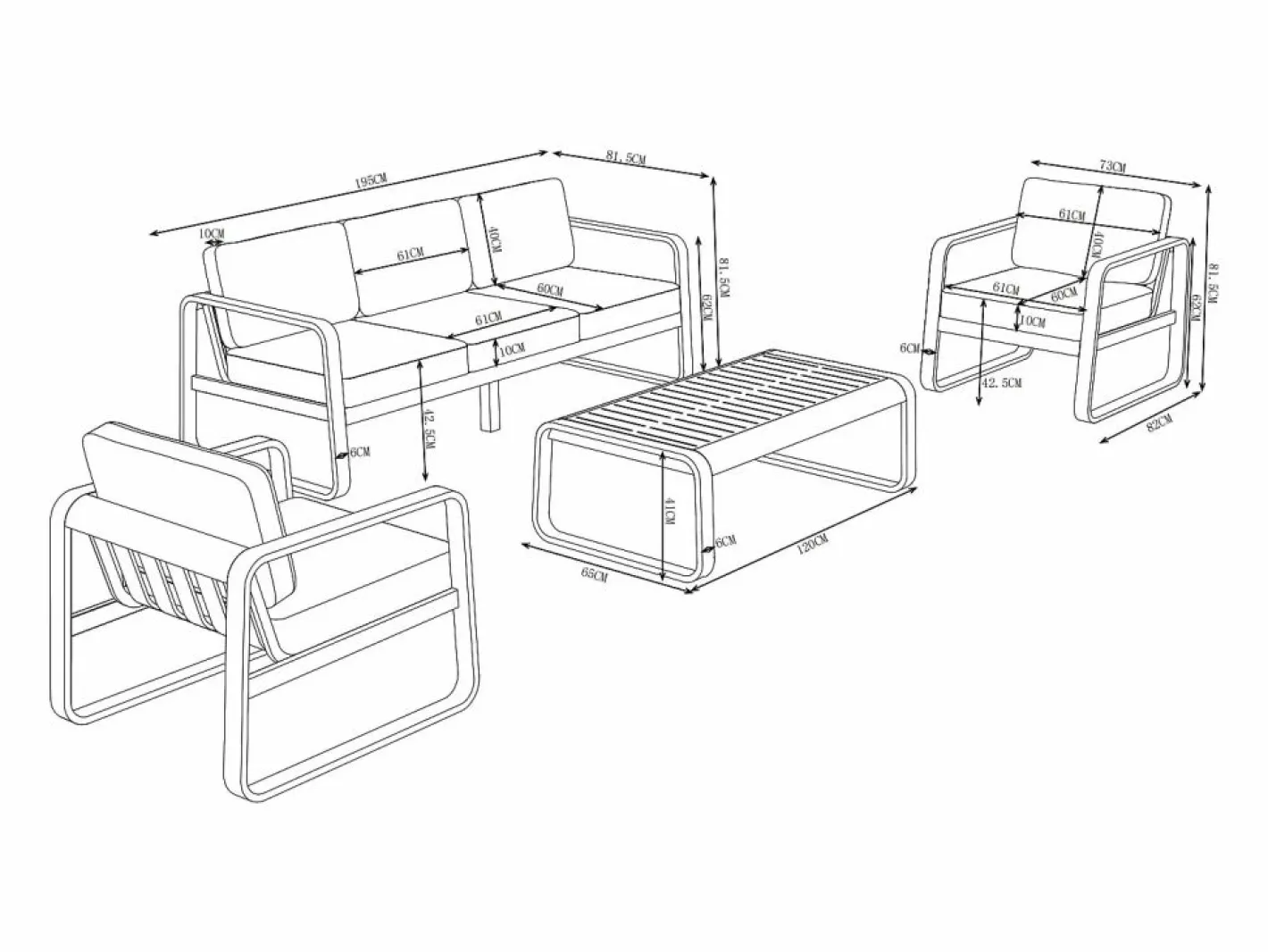 MYLIA Salones De Jardín|Conjunto de jardín de aluminio: 1 sofá de 3 plazas, 2 sillones y 1 mesa de centro - con cojines beige - LOMIA de