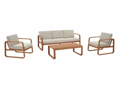 MYLIA Salones De Jardín|Conjunto de jardín de aluminio: 1 sofá de 3 plazas, 2 sillones y 1 mesa baja - Color con cojines beige - LOMIA de