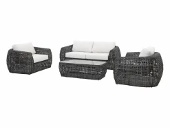 Conjunto de jardín de ratán sintético: un sofá de jardín de 2 plazas, 2 sillones y 1 mesa de centro - Antracita con cojines blancos - VEYRO de^MYLIA Clearance