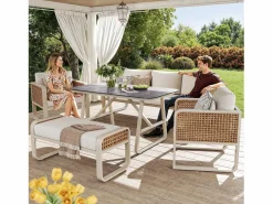 Merax Salones De Jardín|Conjunto de muebles de jardín para 6 a 7 personas - con 1 mesa + 1 sofá con cojines + 2 sillones + 1 banco - metal -