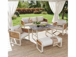 Merax Salones De Jardín|Conjunto de muebles de jardín para 6 a 7 personas - con 1 mesa + 1 sofá con cojines + 2 sillones + 1 banco - metal -
