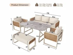 Merax Salones De Jardín|Conjunto de muebles de jardín para 6 a 7 personas - con 1 mesa + 1 sofá con cojines + 2 sillones + 1 banco - metal -