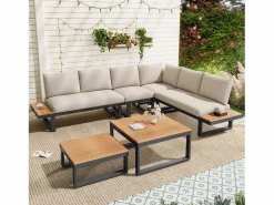 Conjunto de muebles de jardín - 252 x 195 x 76 cm - con sofá reclinable + 2 mesas de centro - Poliéster + metal - + negro^Merax New