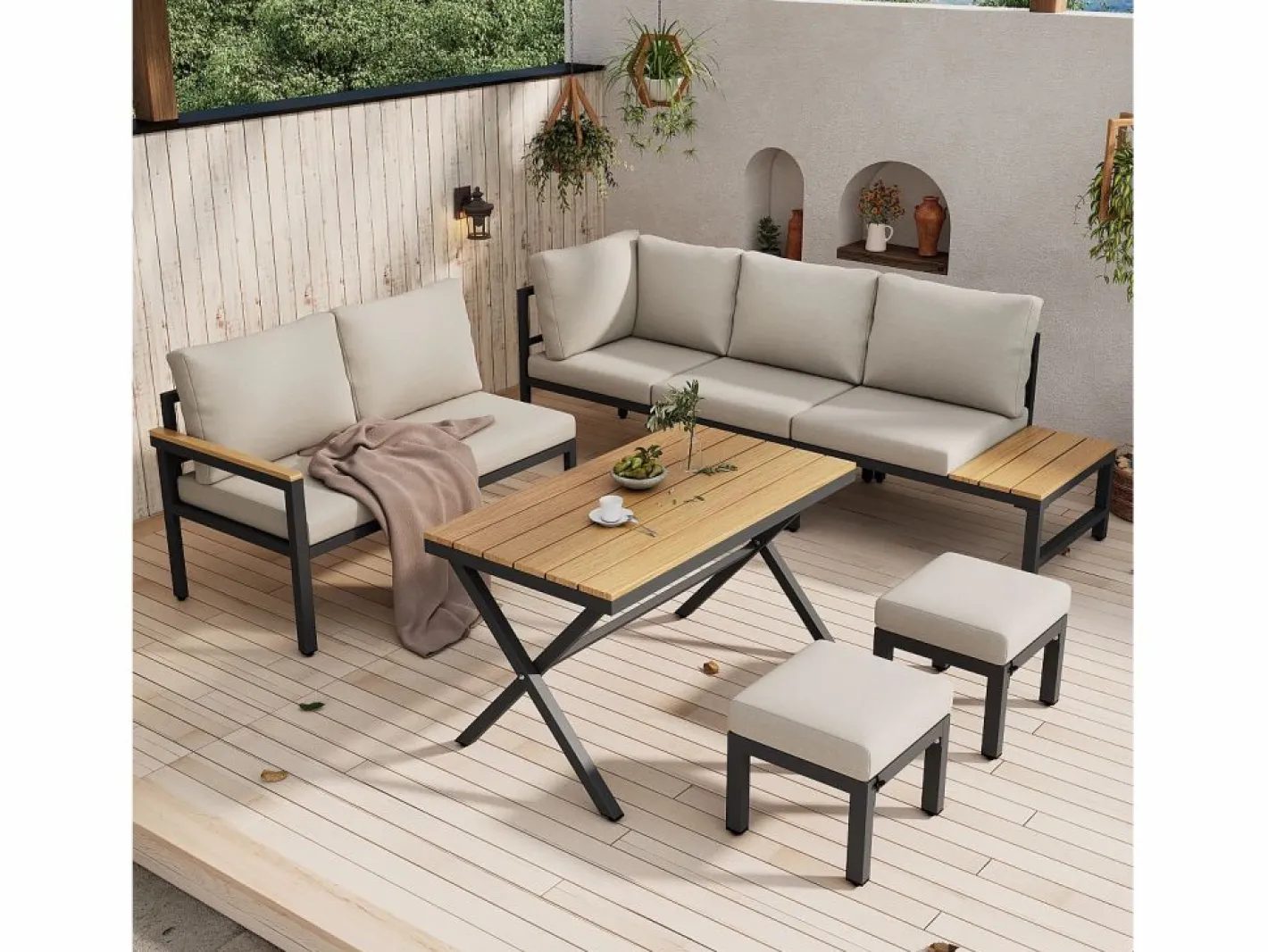 Conjunto de muebles de jardín modulares de 4 piezas en acero galvanizado: sofá esquinero, 2 taburetes y mesa de centro en beige^Merax New