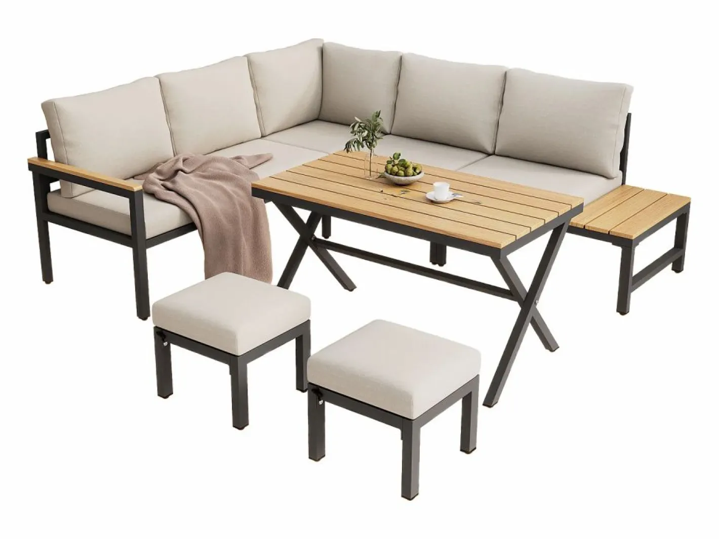 Conjunto de muebles de jardín modulares de 4 piezas en acero galvanizado: sofá esquinero, 2 taburetes y mesa de centro en beige^Merax New