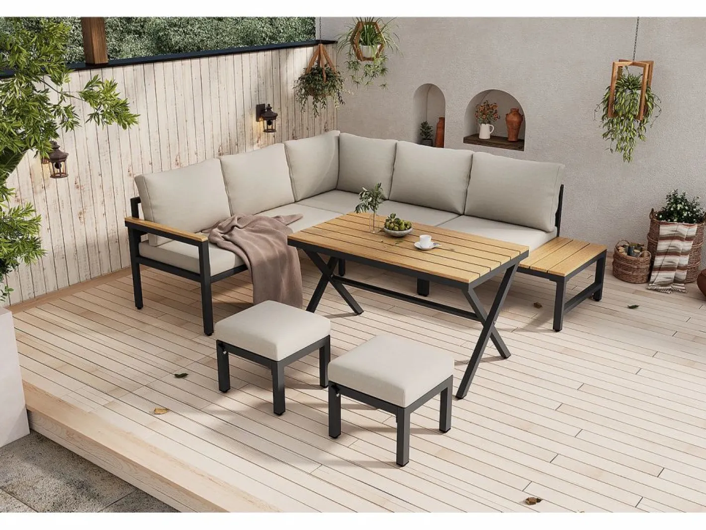 Conjunto de muebles de jardín modulares de 4 piezas en acero galvanizado: sofá esquinero, 2 taburetes y mesa de centro en beige^Merax New