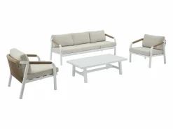 MYLIA Conjunto de salón de jardín en aluminio y cuerda: sofá de 3 plazas, 2 sillones y una mesa de centro - Blanco con cojines beige - LUREYA de Beige / Blanco Outlet
