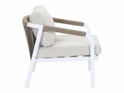 MYLIA Conjunto de salón de jardín en aluminio y cuerda: sofá de 3 plazas, 2 sillones y una mesa de centro - Blanco con cojines beige - LUREYA de Beige / Blanco Outlet