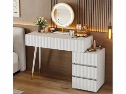 Merax Conjunto de tocador - 135 x 40 x 127 cm - Con espejo LED + 5 cajones - Para dormitorio - MDF - (sin taburete) Blanco