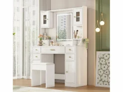 Merax Tocador|Conjunto de tocador - 105 x 40 x 152 cm - Tocador con LED Lámparas + Espejo + Taburete + 6 Cajones + 4 Puertas - MDF -