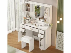 Merax Tocador|Conjunto de tocador - 105 x 40 x 152 cm - Tocador con LED Lámparas + Espejo + Taburete + 6 Cajones + 4 Puertas - MDF -