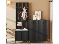 Conjunto de vestidor con banco zapatero y cojín, panel perchero con ganchos, mueble zapatero con cajones y puertas (60,5x180,5x35,2 cm) Negro Discount