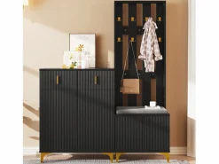Conjunto de vestidor con banco zapatero y cojín, panel perchero con ganchos, mueble zapatero con cajones y puertas (60,5x180,5x35,2 cm) Negro Discount