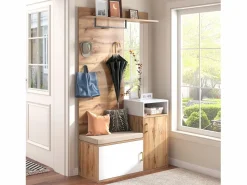 Conjunto de vestidor con espejo, banco y zapatero, diseño escandinavo, MDF y tablero de partículas, (105x40x190,5 cm) Blanco Online