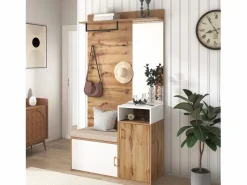 Conjunto de vestidor con espejo, banco y zapatero, diseño escandinavo, MDF y tablero de partículas, (105x40x190,5 cm) Blanco Online