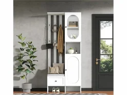 ModernLuxe Armario De Entrada|Conjunto de vestidor de entrada 85×33,5×200 cm - 2 puertas y 1 cajón - con banco para zapatos y cojín - 6 ganchos -
