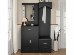 ModernLuxe Conjunto de vestidor de entrada 110x33x185,5 cm - 3 puertas y 1 cajón - Mueble para zapatos y banco para calzado - con espejo - Negro Sale