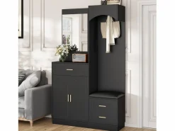 ModernLuxe Conjunto de vestidor de entrada 110x33x185,5 cm - 3 puertas y 1 cajón - Mueble para zapatos y banco para calzado - con espejo - Negro Sale