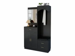 ModernLuxe Conjunto de vestidor de entrada 110x33x185,5 cm - 3 puertas y 1 cajón - Mueble para zapatos y banco para calzado - con espejo - Negro Sale