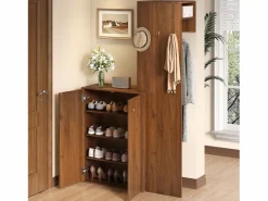 Conjunto de vestidor de entrada moderno - Zapatero + Perchero - Con barra y ganchos - MDF - Color nogal​ (Requiere taladro)^ModernLuxe New