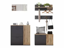 ModernLuxe Armario De Entrada|Conjunto de vestidor de entrada - 2 muebles para zapatos - barra para ropa y 4 ganchos - Espejo - Natural +
