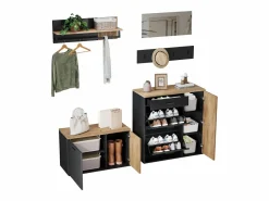 ModernLuxe Armario De Entrada|Conjunto de vestidor de entrada - 2 muebles para zapatos - barra para ropa y 4 ganchos - Espejo - Natural +