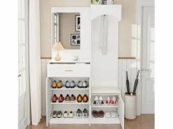 ModernLuxe Conjunto de vestidor de entrada 110x33x185,5 cm - 3 puertas y 1 cajón - Mueble para zapatos y banco para calzado - con espejo - Blanco Discount