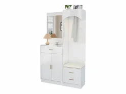 ModernLuxe Conjunto de vestidor de entrada 110x33x185,5 cm - 3 puertas y 1 cajón - Mueble para zapatos y banco para calzado - con espejo - Blanco Discount