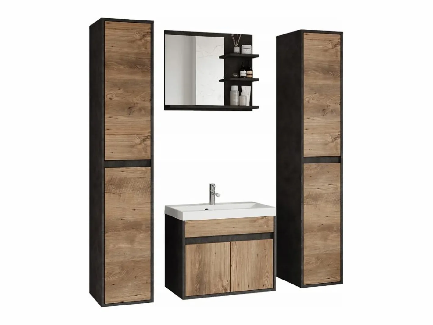 Conjunto De Baño|Conjunto moderno de muebles de baño 4 piezas – mueble con lavabo, columnas, espejo matera/castaño mate