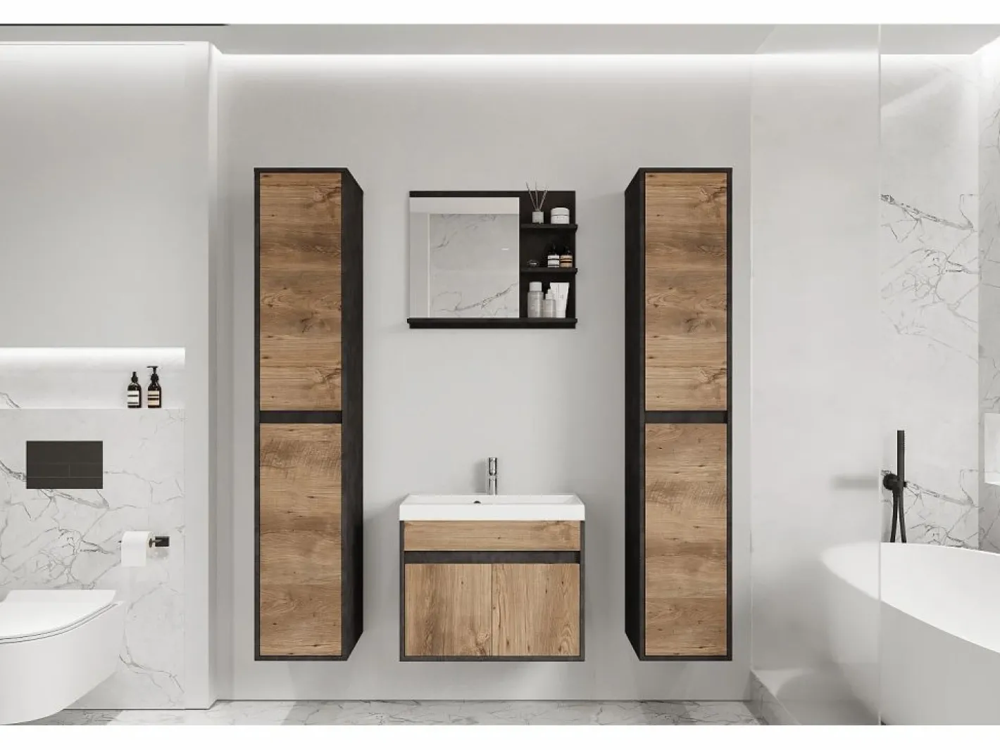 Conjunto De Baño|Conjunto moderno de muebles de baño 4 piezas – mueble con lavabo, columnas, espejo matera/castaño mate