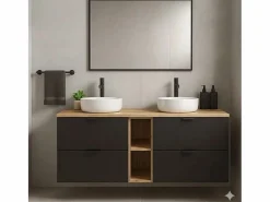 Conjunto para baño 140 cm Armario con encimera y estantería Roble Artisan / Orio Negro Discount