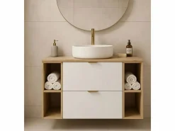 Conjunto para baño 100 cm Armario con encimera y estanterías Roble Artisan / Orio Blanco Best