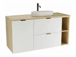Conjunto para baño 120 cm Armario con encimera Armario con cesta Estantería Roble Artisan / Orio Blanco Best