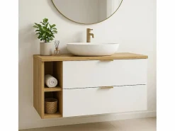 Conjunto para baño 100 cm Armario con encimera y estantería Roble Artisan / Orio Blanco Discount