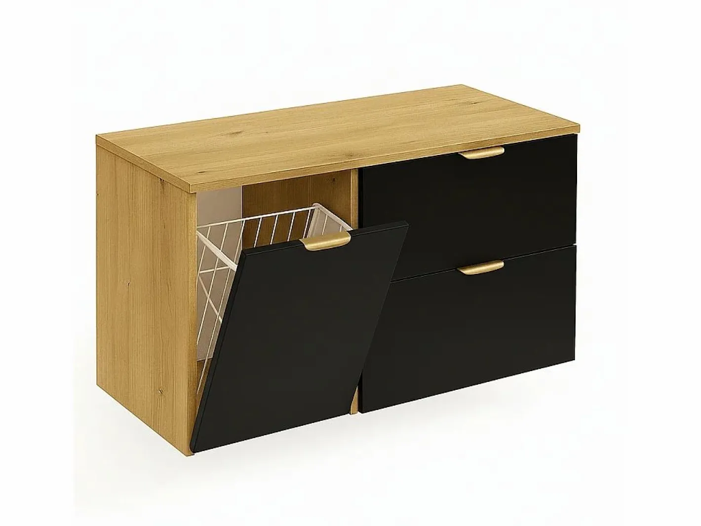 Conjunto para baño 120 cm Armario con encimera Armario con cesta Estantería Roble Artisan / Orio Negro Best
