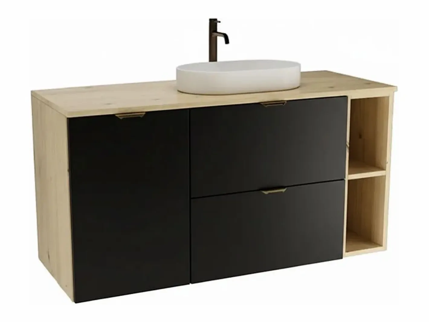 Conjunto para baño 120 cm Armario con encimera Armario con cesta Estantería Roble Artisan / Orio Negro Best